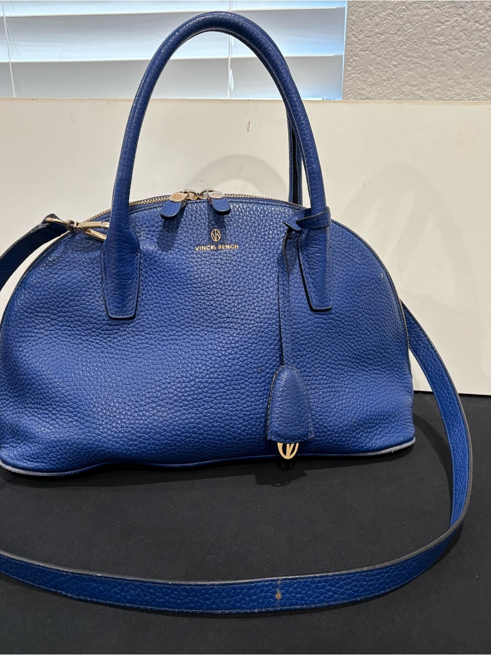 Vincis Bench Blue Leather Dome Satchel with Crossbody Strap